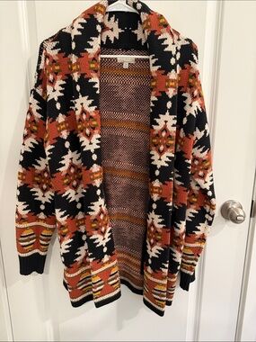 Lucky Brand Aztec Open-Front Cardigan - Black, Rust & Cream